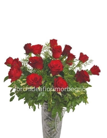 Bouquet con 12 rose rosse medie gipsophila e verdi particolari