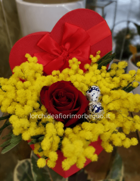 Flowerbox con  mimosa rosa rossa e baci